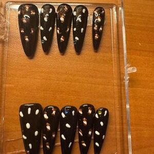 Custom Coffin Nails Black with‎ Polka Dot Design